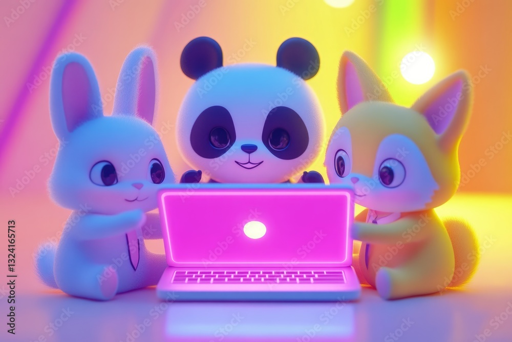 Fototapeta premium Adorable rabbit, panda, and fox using a glowing pink laptop together in a vibrant, colorful setting.