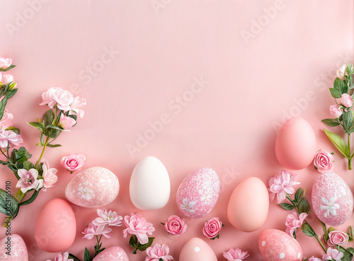 
generative AI spring holiday Easter happy Easter Easter decor painted eggs spring flowers sakura postcard