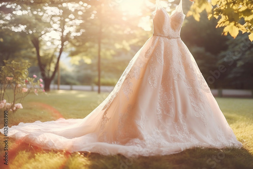 Wallpaper Mural Closeup wedding dress in garden background. Front view of stylish dress for wedding day. Beautiful attire clothes for bride. Copy Space. Wedding ceremony outfit Torontodigital.ca