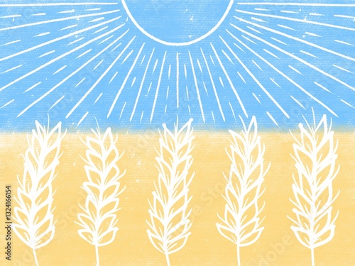 Abstract horizontal illustration of the sun with rays in the sky and wheat stalks on a light yellow background. A minimalist design, perfect for nature and agriculture themes.