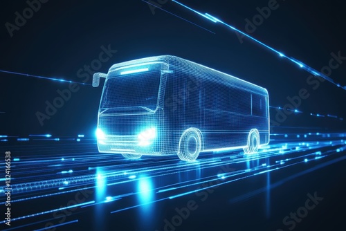 Futuristic Bus in Motion with Digital Neon Lines and Glow Effects