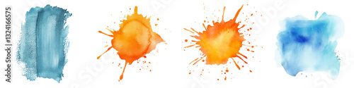Collection of orange and blue watercolor splashes stain isolated on transparent or white background