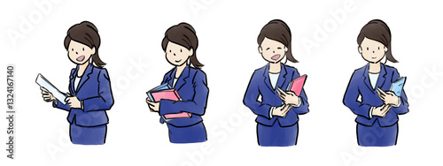 大きめの手描き水彩風 オフィスなどの仕事でクリップボードや書類を手に持つスーツ姿のOL素材 4枚セット2