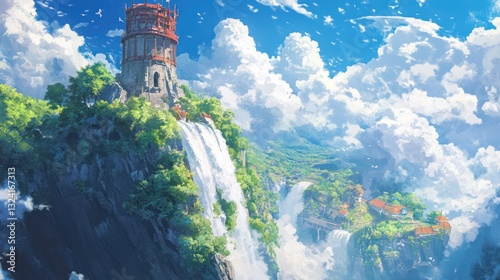 Fantasy waterfall castle, village, cloudscape; game, book illustration