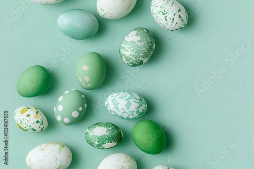 Decorated Easter eggs in mint green and white tones scattered on pastel background. Modern minimal holiday composition with painted eggs creates fresh spring mood. photo