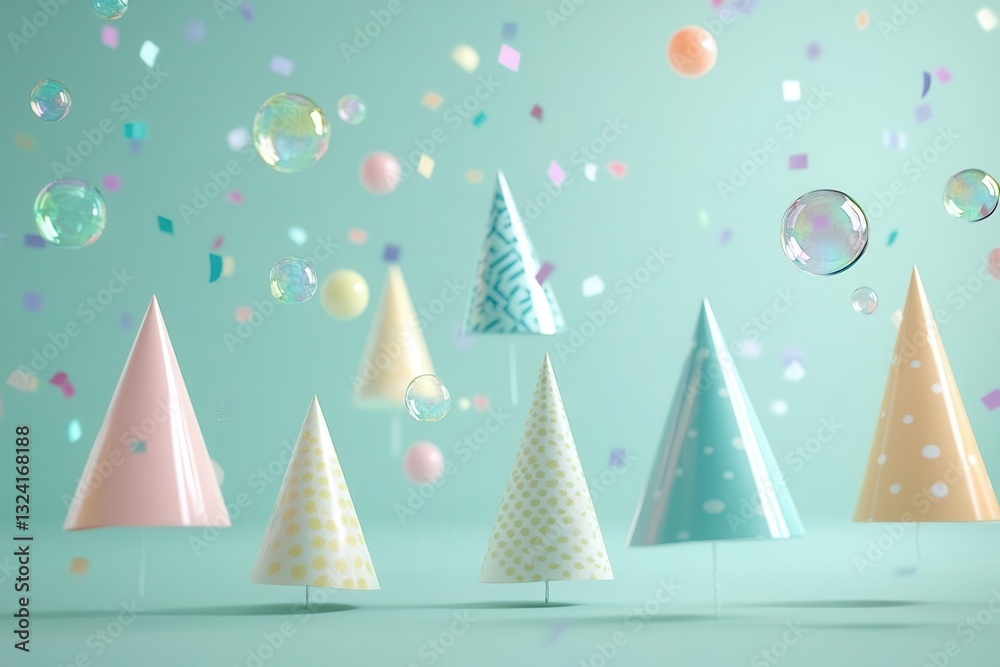 whimsical birthday celebration scene with floating iridescent bubbles, pastel confetti raining down, colorful party hats arranged in circular pattern on mint green background, festive and playful