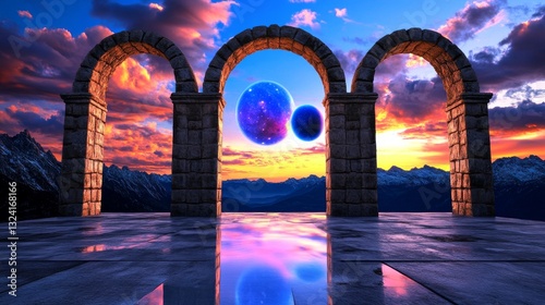 A captivating surreal landscape featuring stone arches, colorful skies, and celestial orbs reflecting on a tranquil surface.