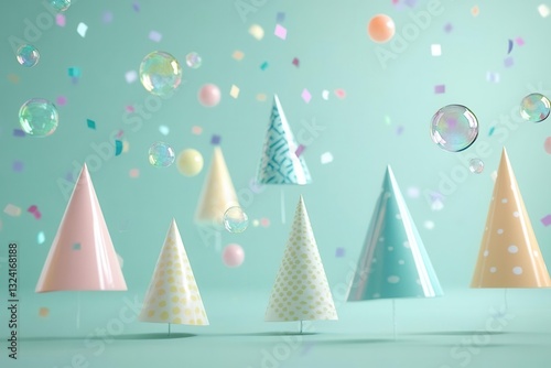 Obraz na płótnie whimsical birthday celebration scene with floating iridescent bubbles, pastel confetti raining down, colorful party hats arranged in circular pattern on mint green background, festive and playful w salonie