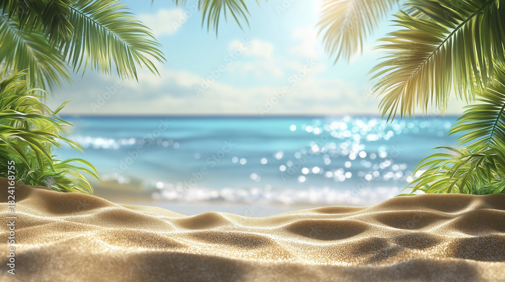 Obraz premium beautiful sandy beach with palm trees and sparkling ocean waves under sunny sky creates serene tropical paradise
