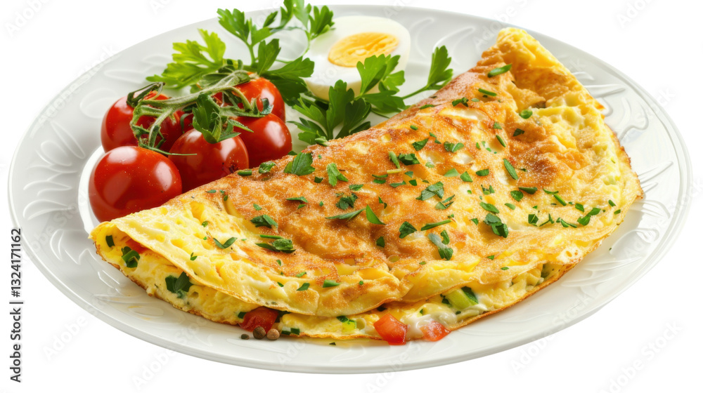 Delicious omelette with tomatoes, eggs, and parsley on transparent background Delicious omelette with tomatoes, eggs, and parsley on transparent background