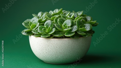 A verdant succulent, its plump leaves glistening with moisture, sat nestled in a minimalist white pot, its earthy presence anchoring the vibrant green surface upon which it resided.
