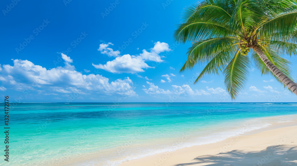 Fototapeta premium vibrant tropical beach scene with palm trees and clear blue water