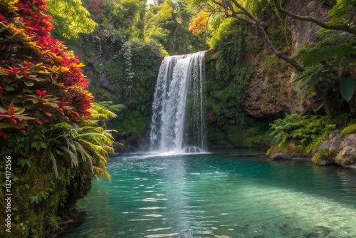 Waterfall Pours Into Crystal Clear Pool Surrounded by Lush Greenery and Vibrant Flowers Generative AI