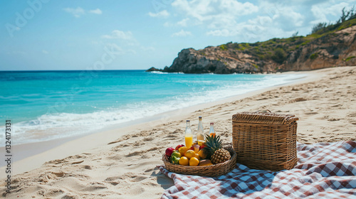 Tropical Beach Picnic with Fresh Fruits and Juice, Secluded Turquoise Bay and Rocky Cliffs