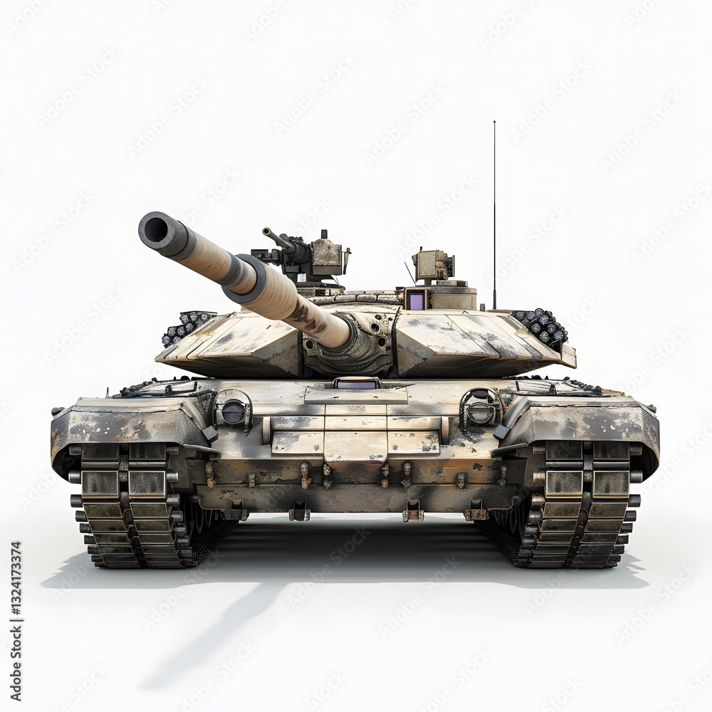 Front View of a Camouflaged Military Tank on a White Background Front View of a Camouflaged Military Tank on a White Background