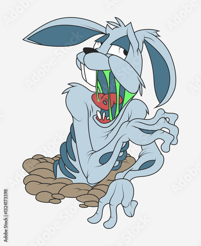 Zombie Bunny Emerging from Ground in Cartoon Illustration For T-Shirt Designs