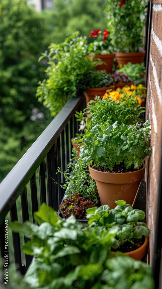 Fototapeta premium Lush balcony garden with potted herbs and flowers in urban setting