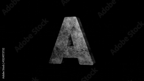 Dynamic 3D alphabet letter A animation, Iron Metal grunge textured surface. high-contrast crack pattern. 3D render reveal and out. Perfect for cinematic intro, title sequences or branding project.