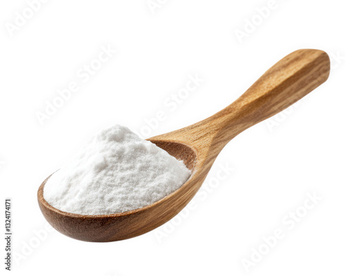Spoonful of white powdery substance on wooden spoon, ideal for baking and cooking. This versatile ingredient is commonly used in various recipes