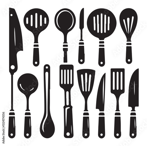 kitchen utensils set icon black silhouette vector on white background.