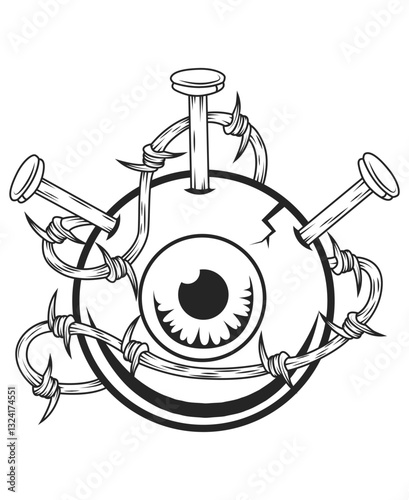 Surreal Illustration of an Eye Entwined With Nails and Barbed Wire For T-Shirt Designs