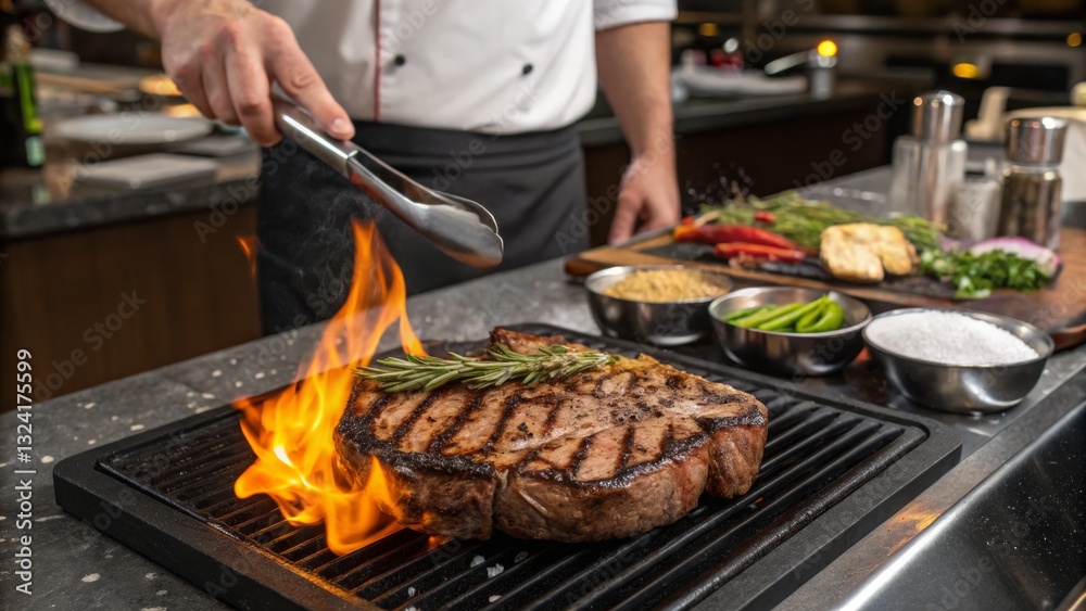 Naklejka premium A chef grills a perfectly cooked steak, flames rising, surrounded by fresh ingredients like herbs and vegetables, showcasing culinary skill.