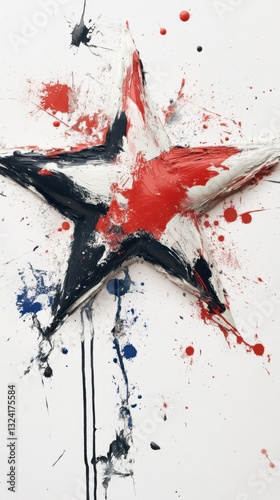 Abstract star art with red, black, and blue paint strokes on white canvas