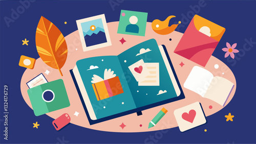 Curating a scrapbook of cherished memories layering photos and mementos for a dose of nostalgia. Vector illustration