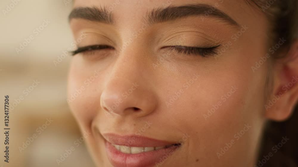 Extreme close up face Indian beautiful healthy woman Arabian satisfied carefree smiling businesswoman business girl medicine health beauty treatment skin care natural make-up looking at camera at home Extreme close up face Indian beautiful healthy woman Arabian satisfied carefree smiling businesswoman business girl medicine health beauty treatment skin care natural make-up looking at camera at home