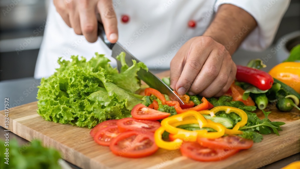 A chef skillfully chops fresh vegetables on a wooden cutting board, showcasing vibrant colors and a focus on healthy cooking. A chef skillfully chops fresh vegetables on a wooden cutting board, showcasing vibrant colors and a focus on healthy cooking.