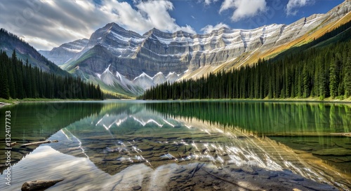 Stunning Mountain Lake with Crystal Clear Water Reflecting Snow-Capped Peaks and Dense Evergreen Forest Under Blue Sky