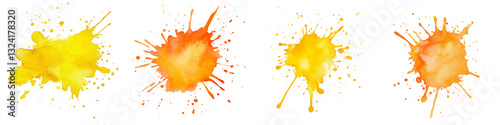 Collection of yellow and orange watercolor splashes stain isolated on transparent or white background