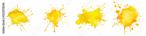 Collection of yellow watercolor splashes stain isolated on transparent or white background