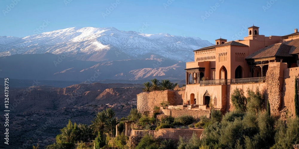 Obraz premium Majestic moroccan landscape with atlas mountains and traditional architecture at sunset