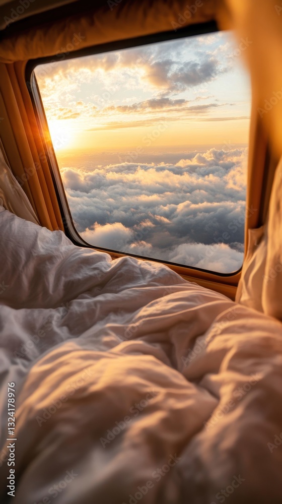 Fototapeta premium Cozy airplane cabin view with fluffy bedding over sunset clouds