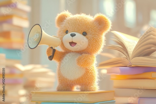 A cute teddy bear holding a megaphone announces the joy of reading amidst a stack of books.
