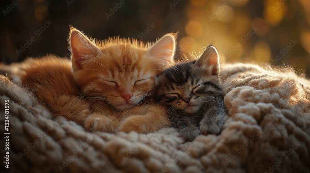 Obraz premium Puppy and kitten sleeping peacefully on a soft blanket, radiating warmth and serenity.