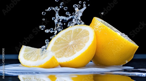 A slice of lemon is cut in half and is sitting on a table with water splashing around it