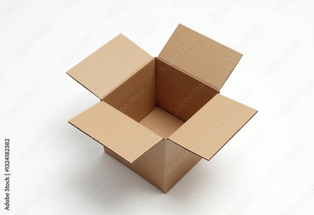 Enhance your visual presentations with this high-resolution 3D image of an open cardboard box, rendered in ultra-realism against a plain white backdrop, showcasing the texture, folds, subtle wear, and Enhance your visual presentations with this high-resolution 3D image of an open cardboard box, rendered in ultra-realism against a plain white backdrop, showcasing the texture, folds, subtle wear, and