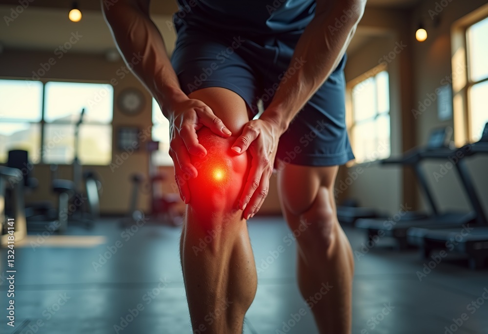 Naklejka premium Witness the moment of agony with this close-up photorealistic digital art portraying an athlete holding his knee, acute pain emphasized in red, set in a fitness room bathed in soft sunlight, captured 