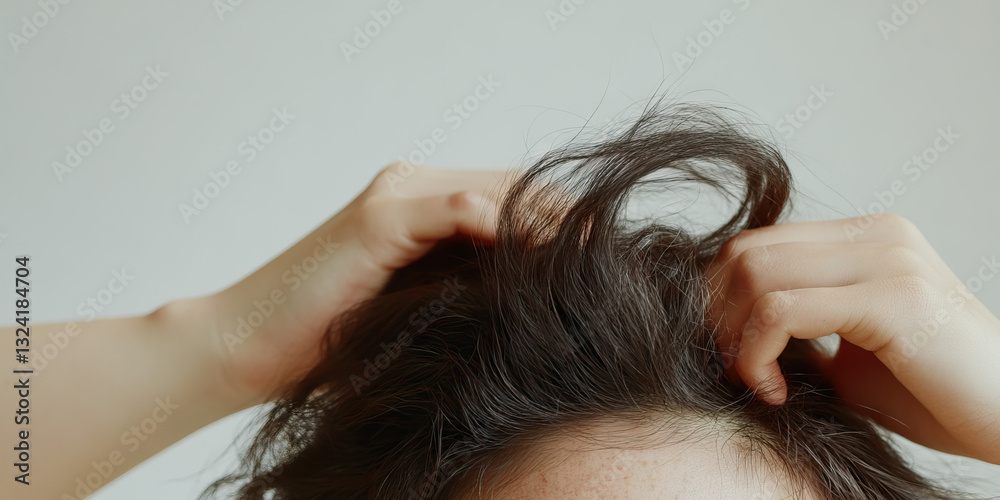 Fototapeta premium Close-up of Hands in Dark Brown Hair