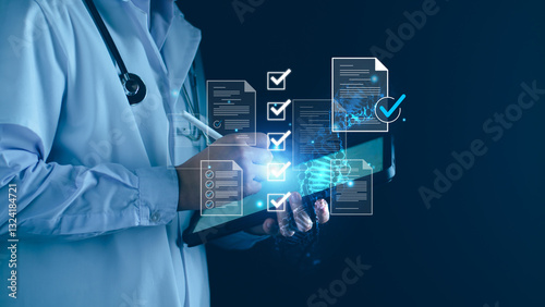 Medical research, doctor doing online checklist document, digital medical healthcare quality certificate, telemedicine