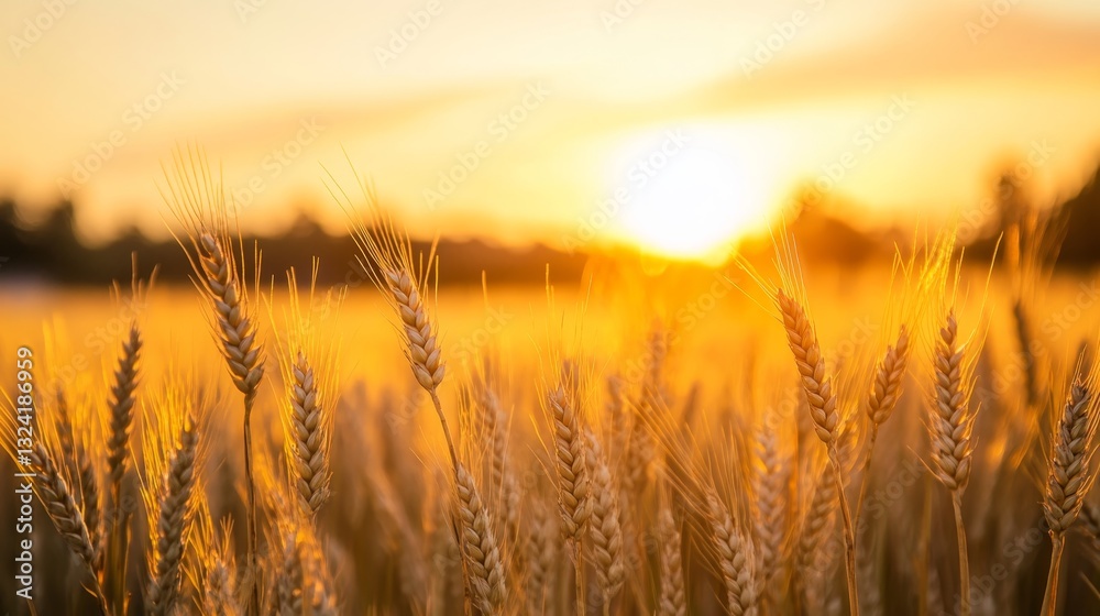 Fototapeta premium Golden barley spikes gleam under a warm setting sun, contrasting beautifully with the deep orange sky and celebrating abundance in nature's harvest