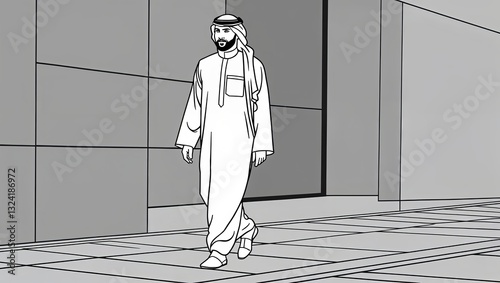 Elegant Arabian Gentleman in Traditional Dress Walking in the City
