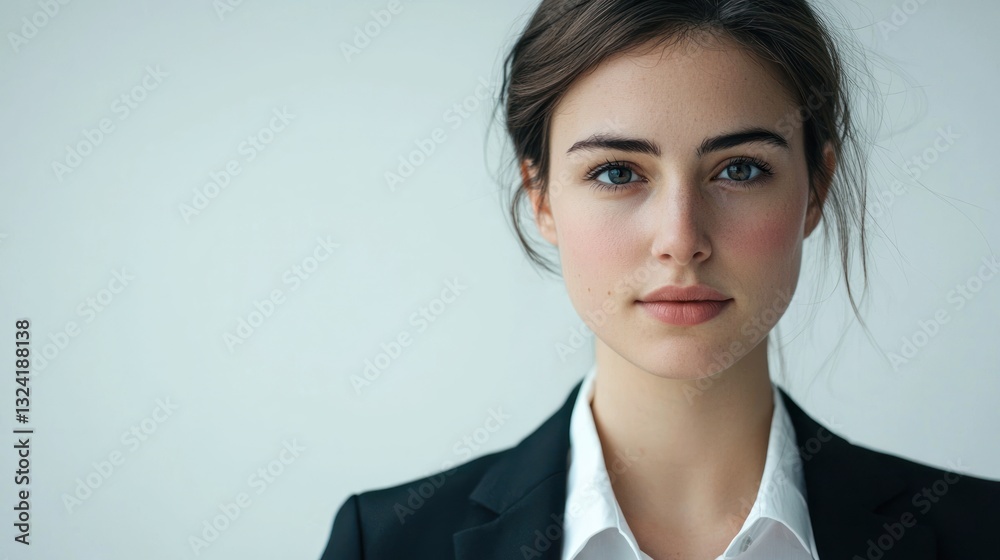 A corporate woman in a suit looking directly at the camera with a bright white background A corporate woman in a suit looking directly at the camera with a bright white background