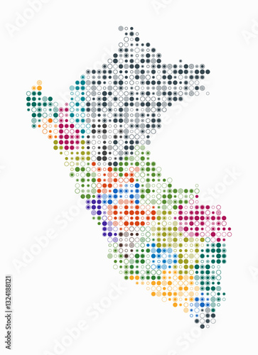 Peru, shape of the country built of colored cells. Digital style map of Peru on white background. Small size circle blocks. Amazing vector illustration.