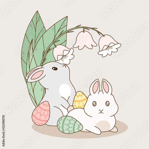 Bunnies with Easter eggs and flowers, cute spring vector illustration.