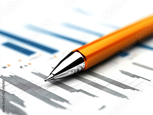close up of pen on financial report with graphs and data analysis, showcasing marketing strategies and performance metrics
