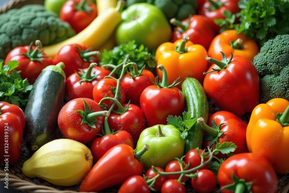 Fresh Organic Vegetables Including Tomatoes, Peppers, Cucumbers, and Greens in a Healthy Food Basket Fresh Organic Vegetables Including Tomatoes, Peppers, Cucumbers, and Greens in a Healthy Food Basket