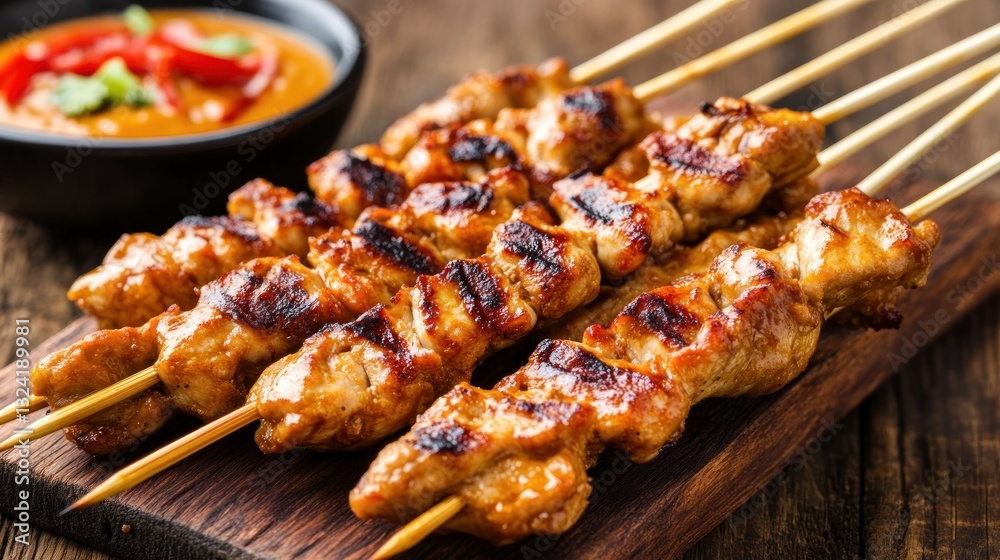 Grilled Chicken Satay with Peanut Sauce on Wooden Board Grilled Chicken Satay with Peanut Sauce on Wooden Board